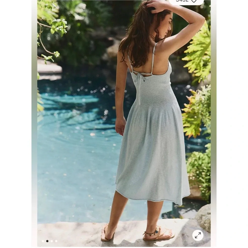 Free People Tula Sweater Starlight Blue Knit Maxi Dress V-Neck Tie Back S NWT